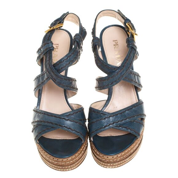 Prada Blue And Tan Leather Stitch Detail Cross Strap Platform Sandals Size 36 - Picture 3 of 4